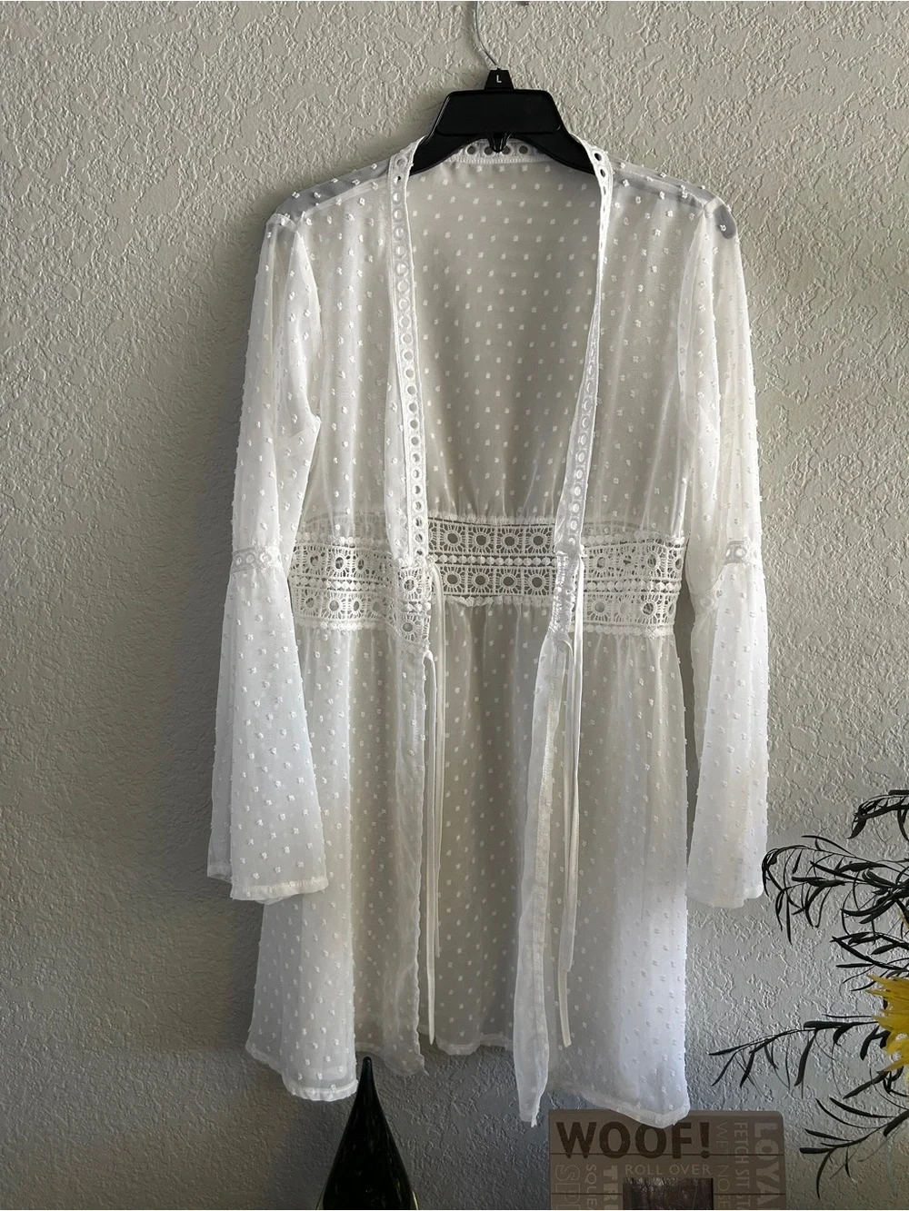 White Sheer Swiss Dot Crochet Tie-Front Swim Coverup
